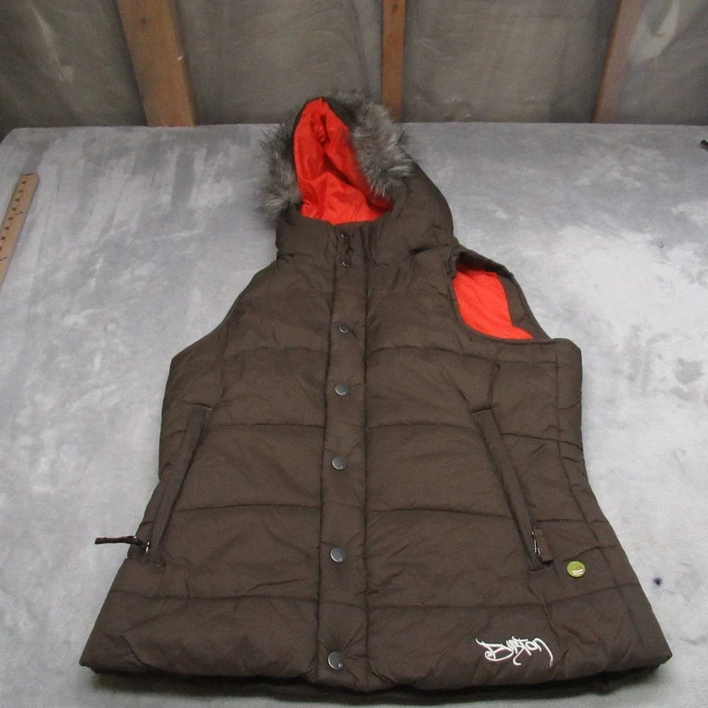Burton Vest Women Small Brown Dryride Rancher Faux Fur Trim Insulated Puffer - Picture 1 of 13